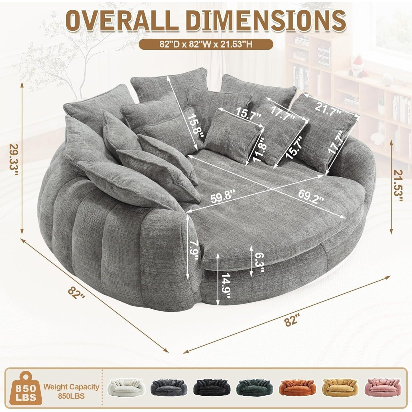 82'' Oversized Upholstered Sofa Bed, Round Chaise Lounge Chair Indoor, Modern Chenille Boneless Couch, No Assembly Required, Plush Sleeper Chair with 14 Pillows for Living Room