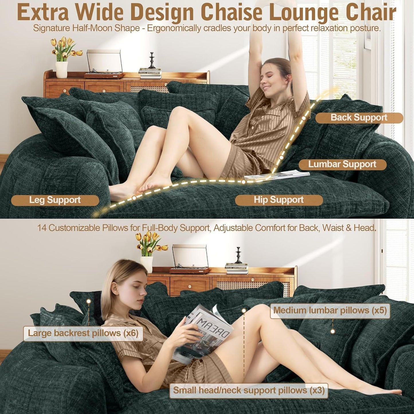 82'' Oversized Upholstered Sofa Bed, Round Chaise Lounge Chair Indoor, Modern Chenille Boneless Couch, No Assembly Required, Plush Sleeper Chair with 14 Pillows for Living Room