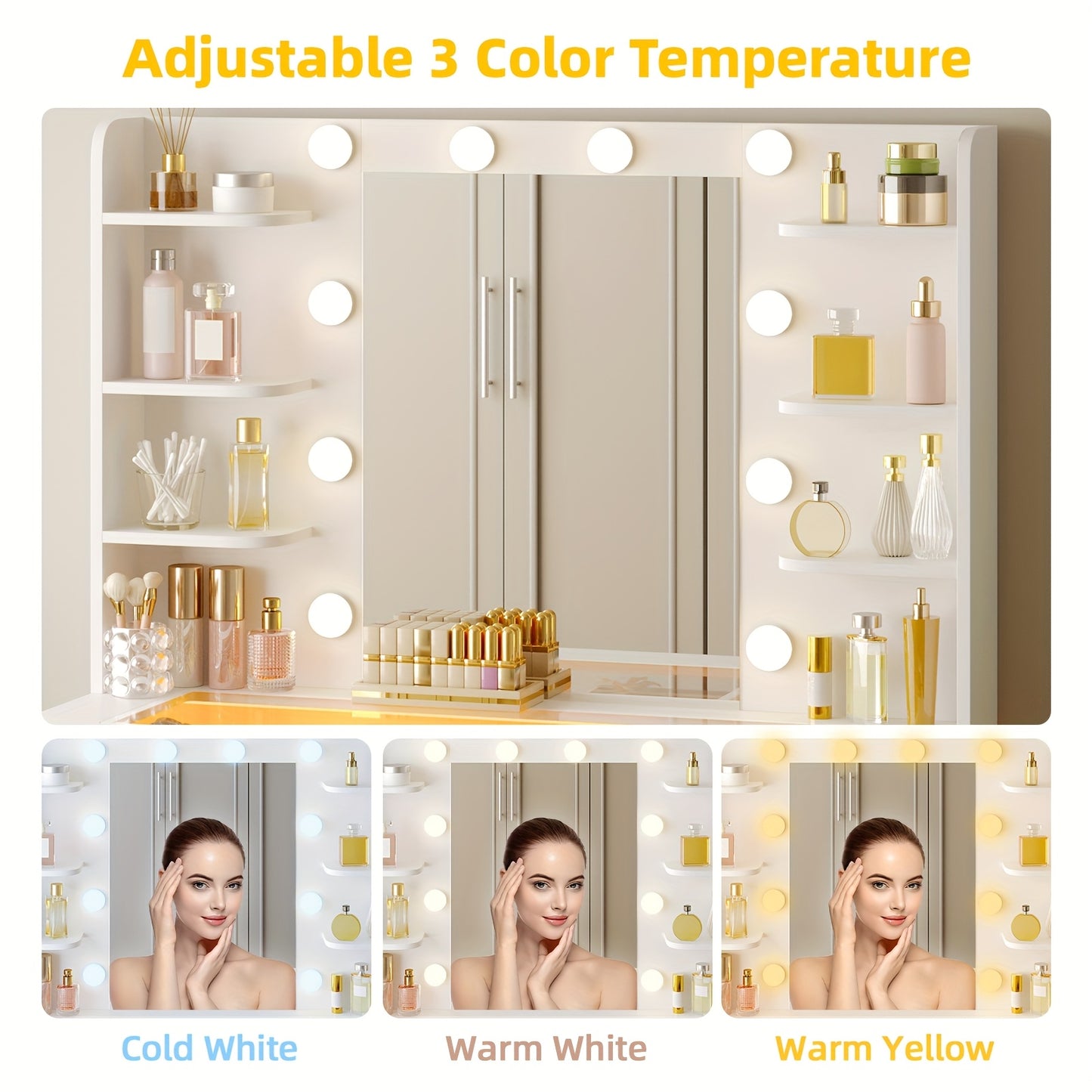 SUPERLELE Vanity Desk with Lights, Makeup Vanity with Mirror, Power Strip And 10 Lights, Makeup Table with 2 Drawers, Vanity Mirror 3 Lighting Color Adjustable, Heavy Duty Dresser, White, for Halloween And Christmas