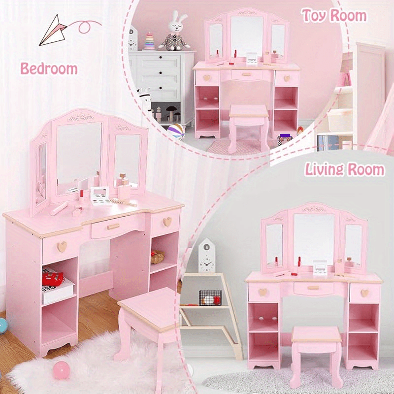 GAOMON Pink Vanity Dressing Set - Play Table with Mirror and Storage Drawer, Pretend Play Furniture for Creative Activities, Classic Style, No Assembly Required, Under 27\