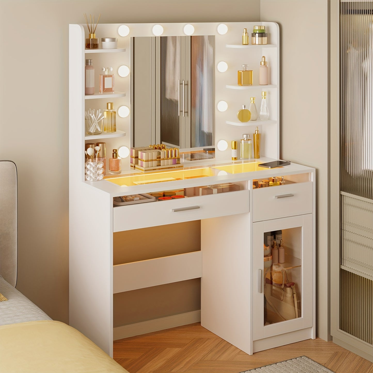 SUPERLELE Vanity Desk with Lights, Makeup Vanity with Mirror, Power Strip And 10 Lights, Makeup Table with 2 Drawers, Vanity Mirror 3 Lighting Color Adjustable, Heavy Duty Dresser, White, for Halloween And Christmas