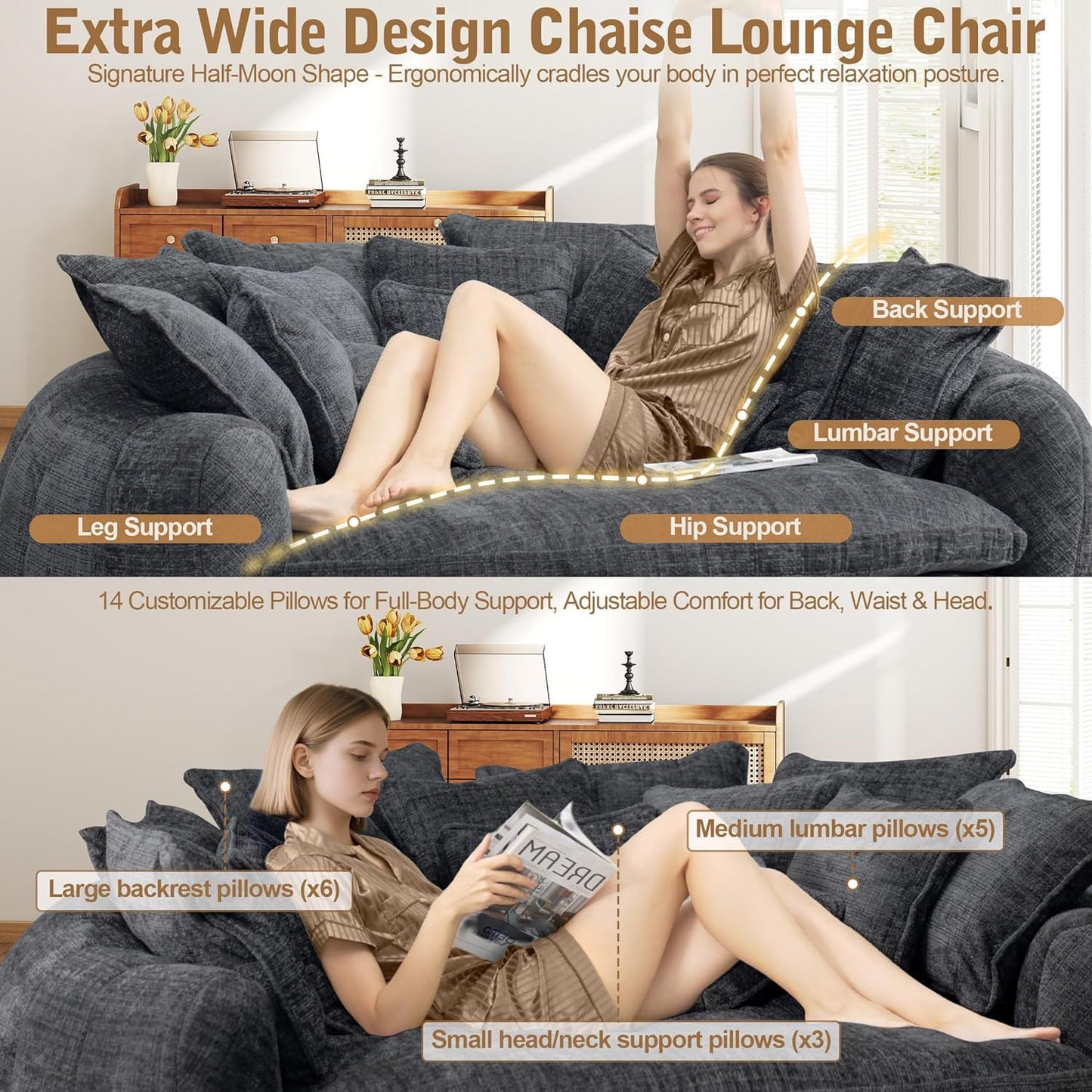 82'' Oversized Upholstered Sofa Bed, Round Chaise Lounge Chair Indoor, Modern Chenille Boneless Couch, No Assembly Required, Plush Sleeper Chair with 14 Pillows for Living Room
