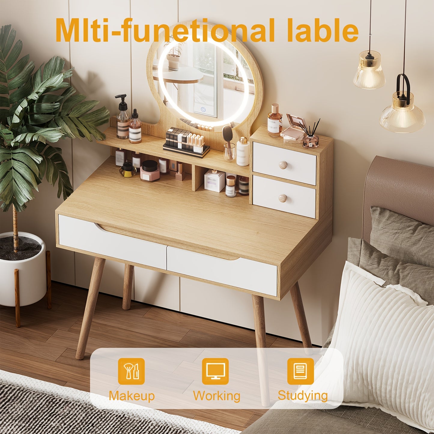 Makeup Vanity Desk With 3 Adjustable Lighted Mirror, Dressing Table Set With 4 Drawers And 3 Open Shelves For Small Space Bedroom