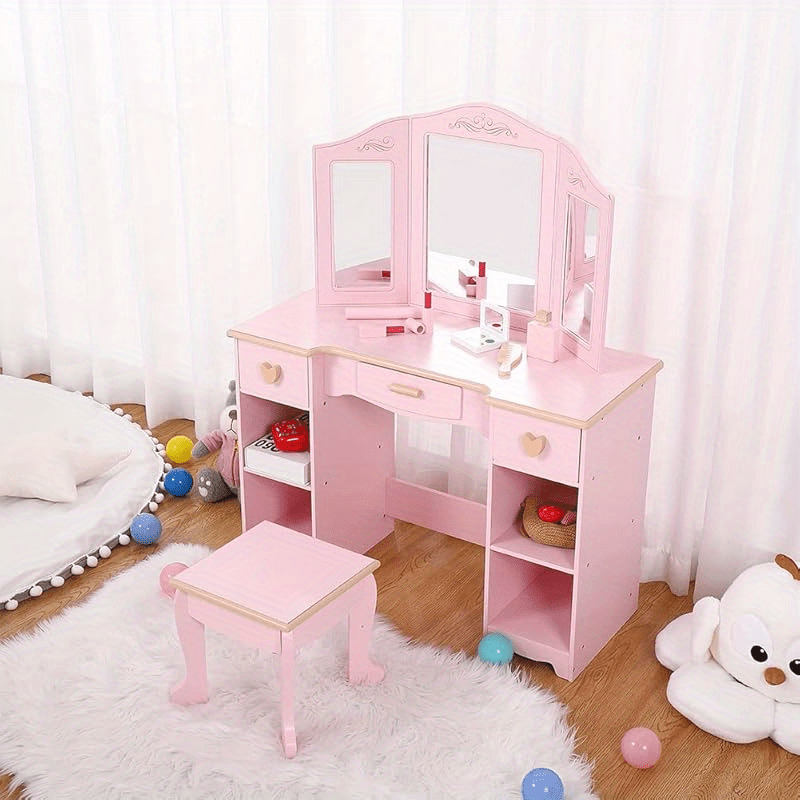 GAOMON Pink Vanity Dressing Set - Play Table with Mirror and Storage Drawer, Pretend Play Furniture for Creative Activities, Classic Style, No Assembly Required, Under 27\