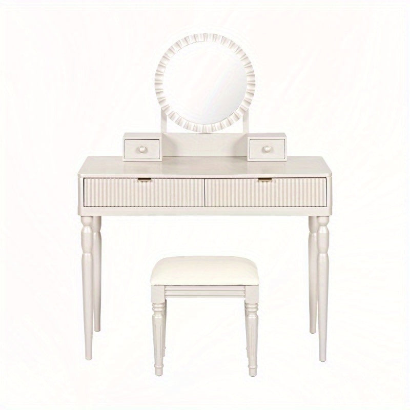 Chic Height-Adjustable Vanity Set with Round Mirror, 4 Spacious Drawers, Champagne Colored Dressing Table with Stool, Perfect for Home, Vanity Area, Beauty Routine