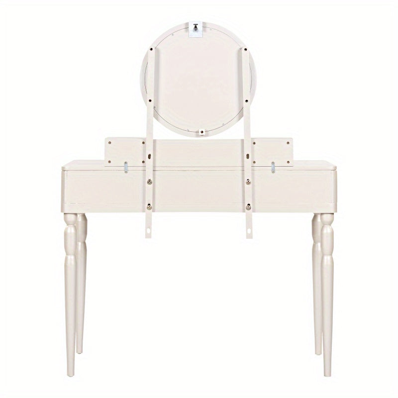 Luxury Vanity Desk with Round Mirror HeightAdjustable Stylish Dring Table Set 4 Drawers and Stool Champagne