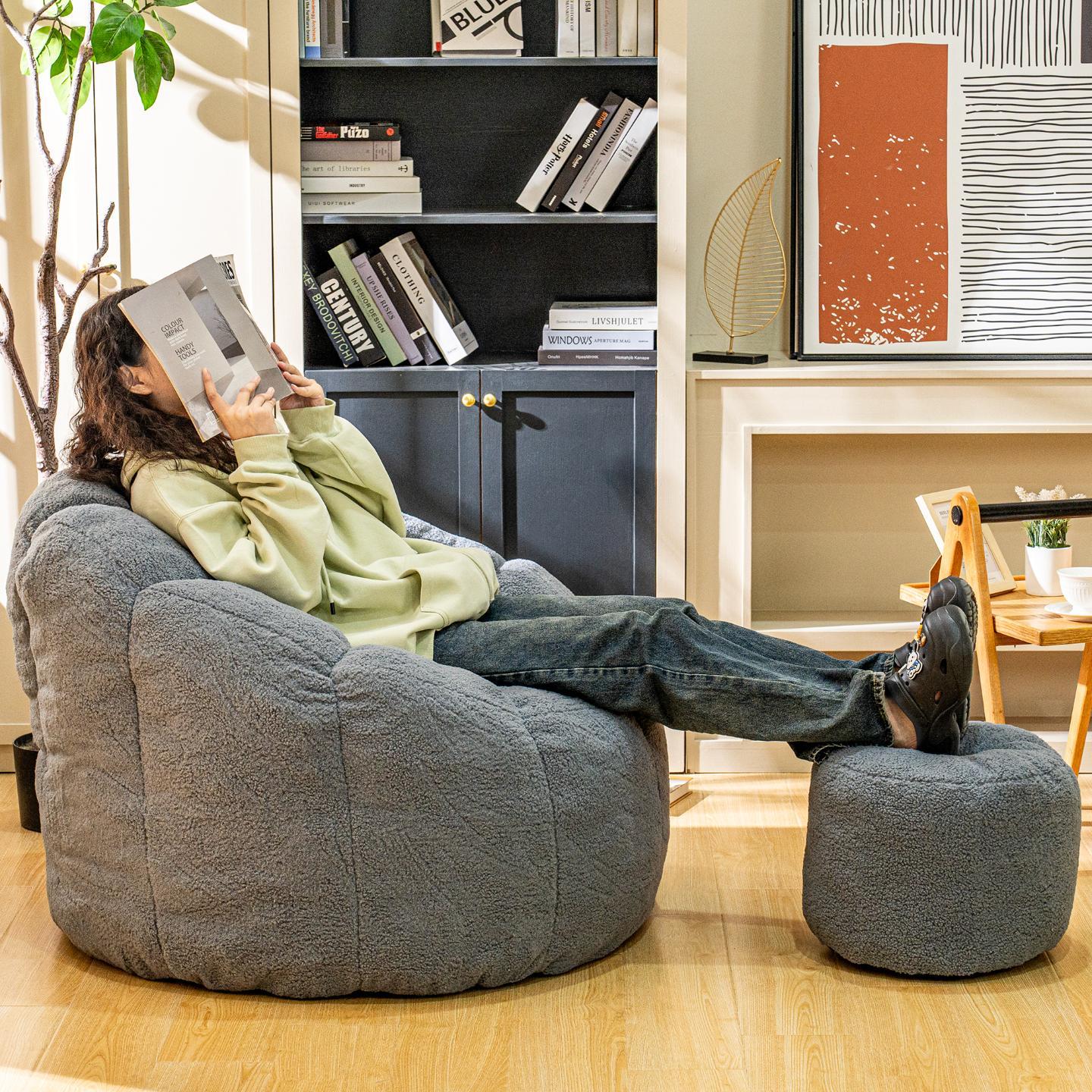 Bean Bag Chair, Faux Fur Bean Bag Chairs with Filler, Comfy Cozy Bean Bag Chair with Low Back Support and Petal Armrest, Fluffy Bean Bag Chair with Structure Petal for Small Space, Bedroom, Living Room