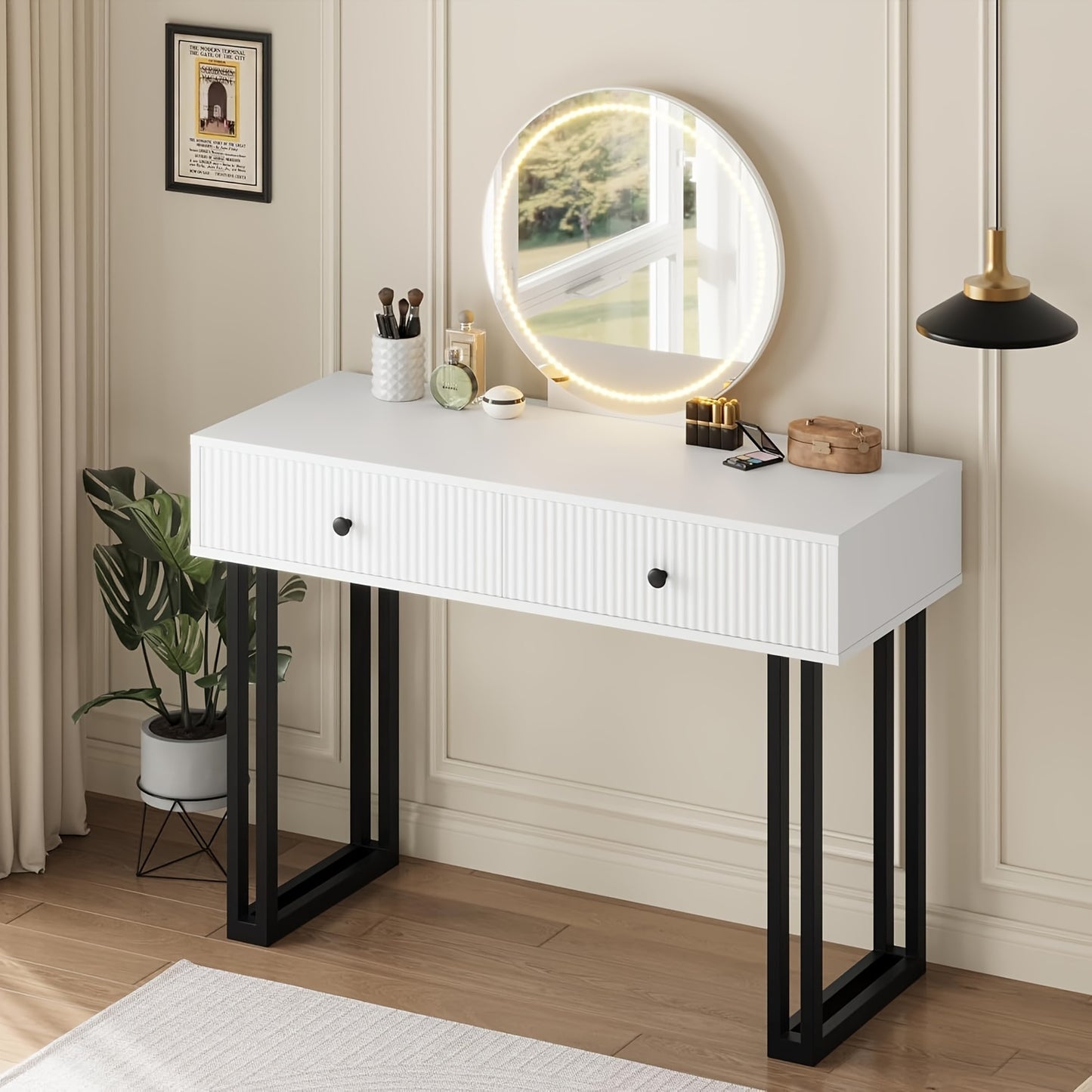 Vanity Desk With Mirror, Small Makeup Vanity With 2 Drawers, Modern Vanity Organizer, Dressing Table For Bedroom, Black\u002FWhite