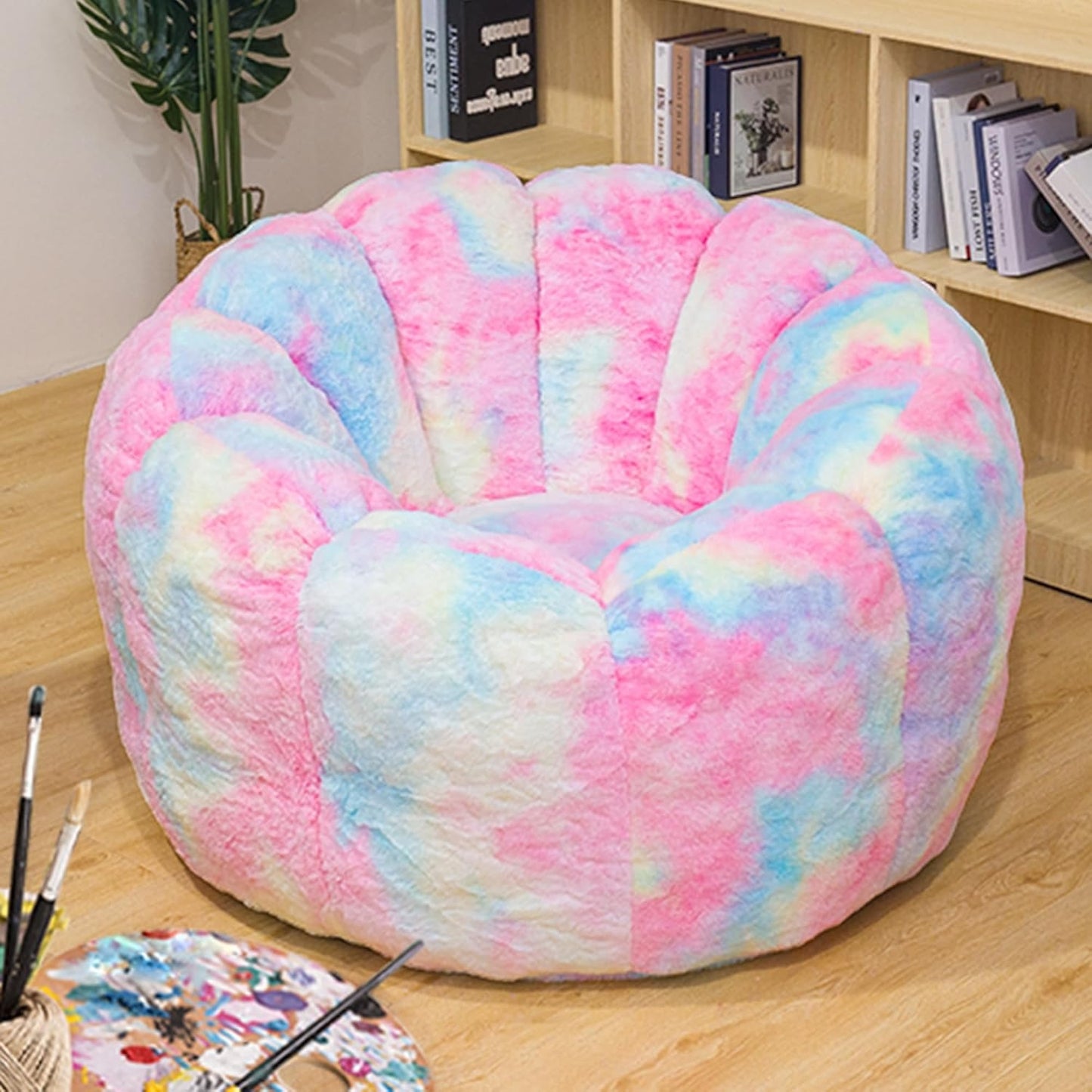 Bean Bag Chair, Faux Fur Bean Bag Chairs with Filler, Comfy Cozy Bean Bag Chair with Low Back Support and Petal Armrest, Fluffy Bean Bag Chair with Structure Petal for Small Space, Bedroom, Living Room