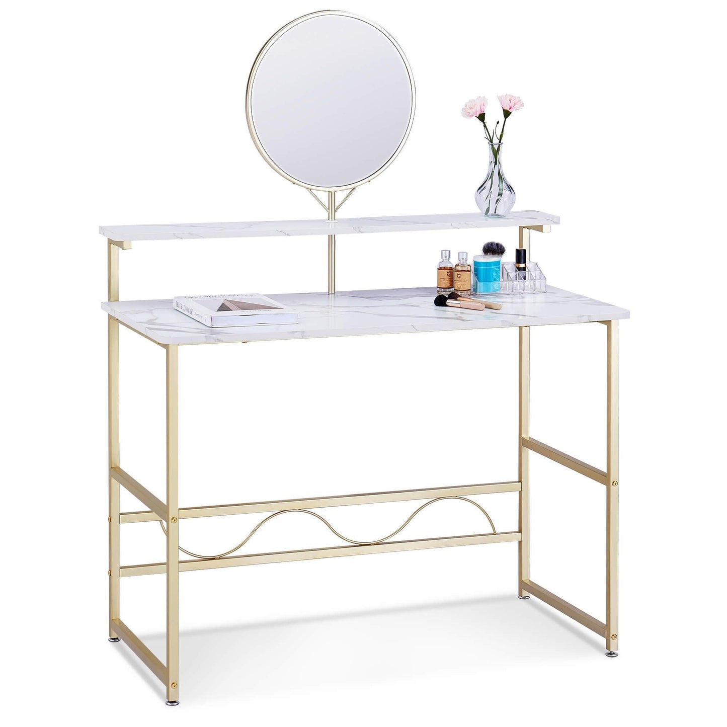 MCombo Vanity Desk with Mirror, White Makeup Vanity Desk with 2 Open Storage Shelves for Bedroom, Living Room