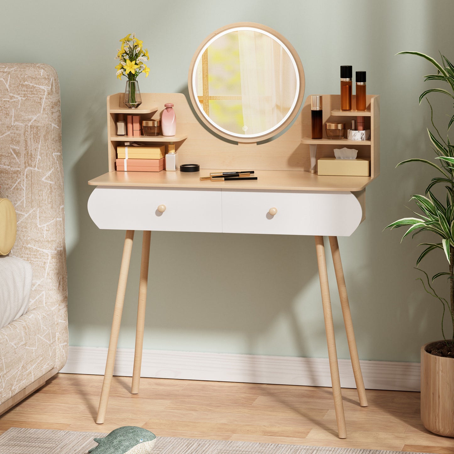 1 x Nordic style storage desk with mirror, 2 drawers, open storage rack, spacious tabletop
