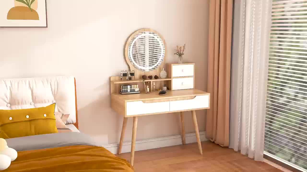 Makeup Vanity Desk With 3 Adjustable Lighted Mirror, Dressing Table Set With 4 Drawers And 3 Open Shelves For Small Space Bedroom