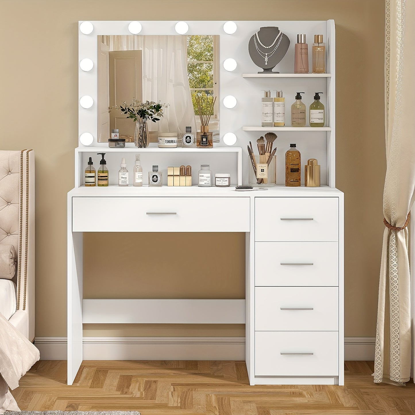 Athwel Makeup Vanity Desk With Mirror & Lights, Vanity Desk With 5 Drawers & Storage Shelves, Vanity Table, 3 Color Modes & Adjustable Brightness Dressing Table, Bedroom, White