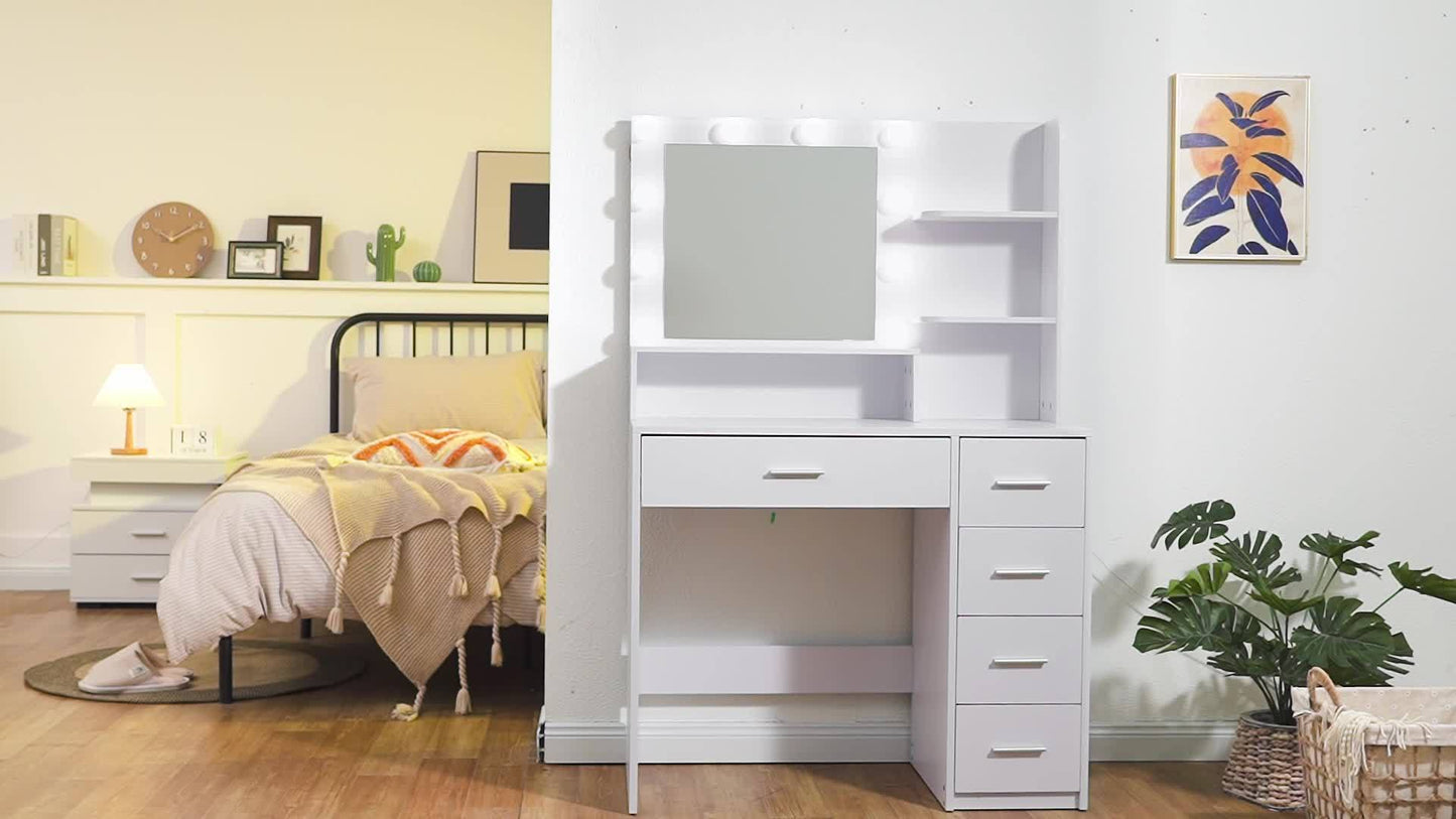 Athwel Makeup Vanity Desk With Mirror & Lights, Vanity Desk With 5 Drawers & Storage Shelves, Vanity Table, 3 Color Modes & Adjustable Brightness Dressing Table, Bedroom, White