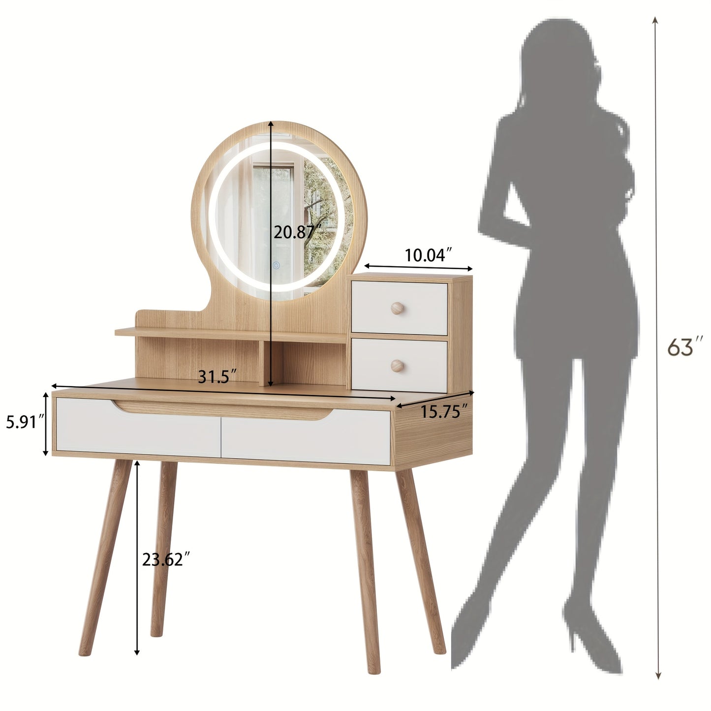 Makeup Vanity Desk With 3 Adjustable Lighted Mirror, Dressing Table Set With 4 Drawers And 3 Open Shelves For Small Space Bedroom