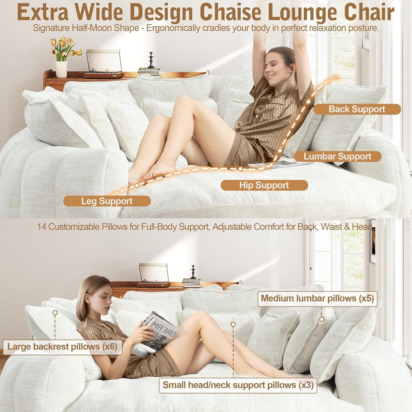 82'' Oversized Upholstered Sofa Bed, Round Chaise Lounge Chair Indoor, Modern Chenille Boneless Couch, No Assembly Required, Plush Sleeper Chair with 14 Pillows for Living Room