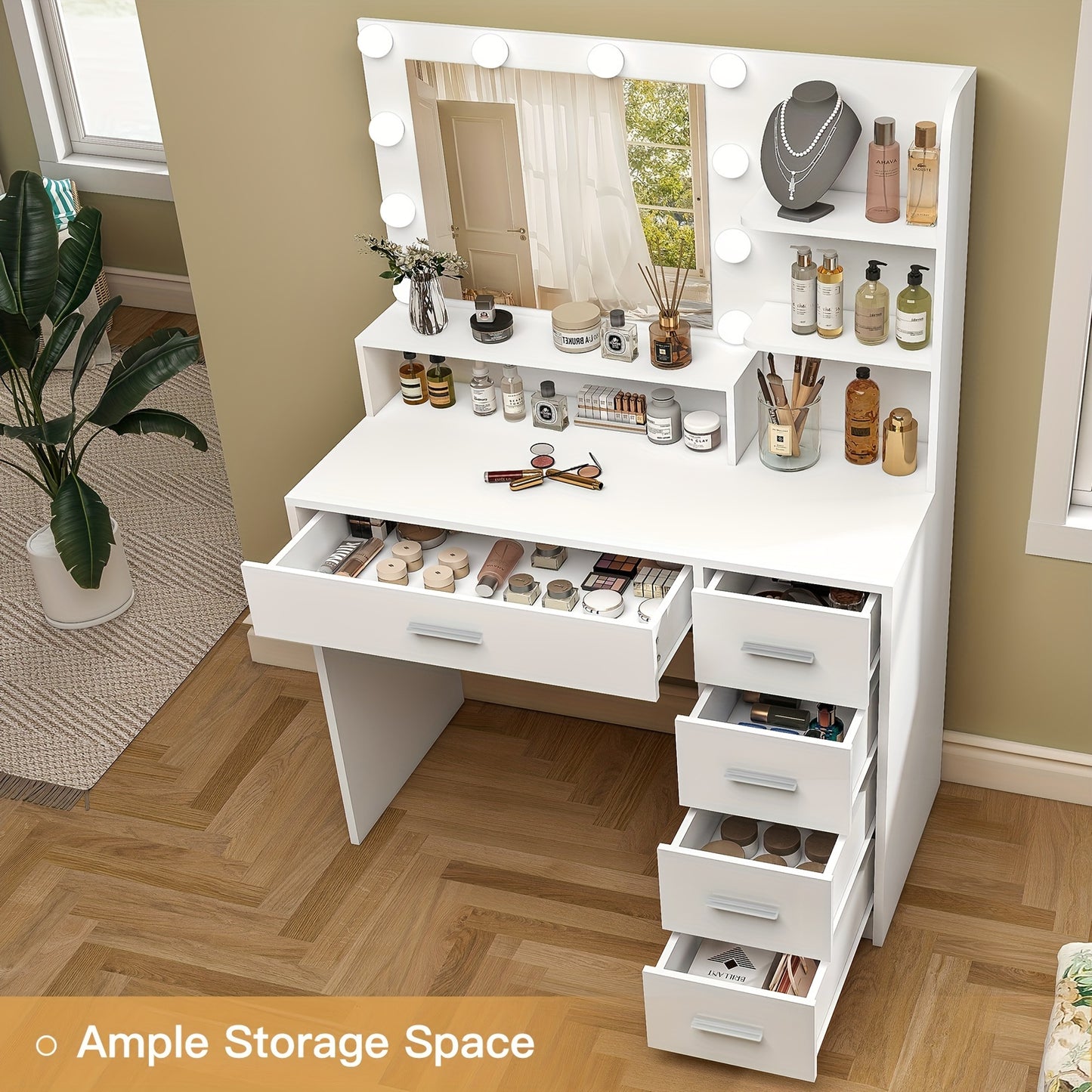 Athwel Makeup Vanity Desk With Mirror & Lights, Vanity Desk With 5 Drawers & Storage Shelves, Vanity Table, 3 Color Modes & Adjustable Brightness Dressing Table, Bedroom, White