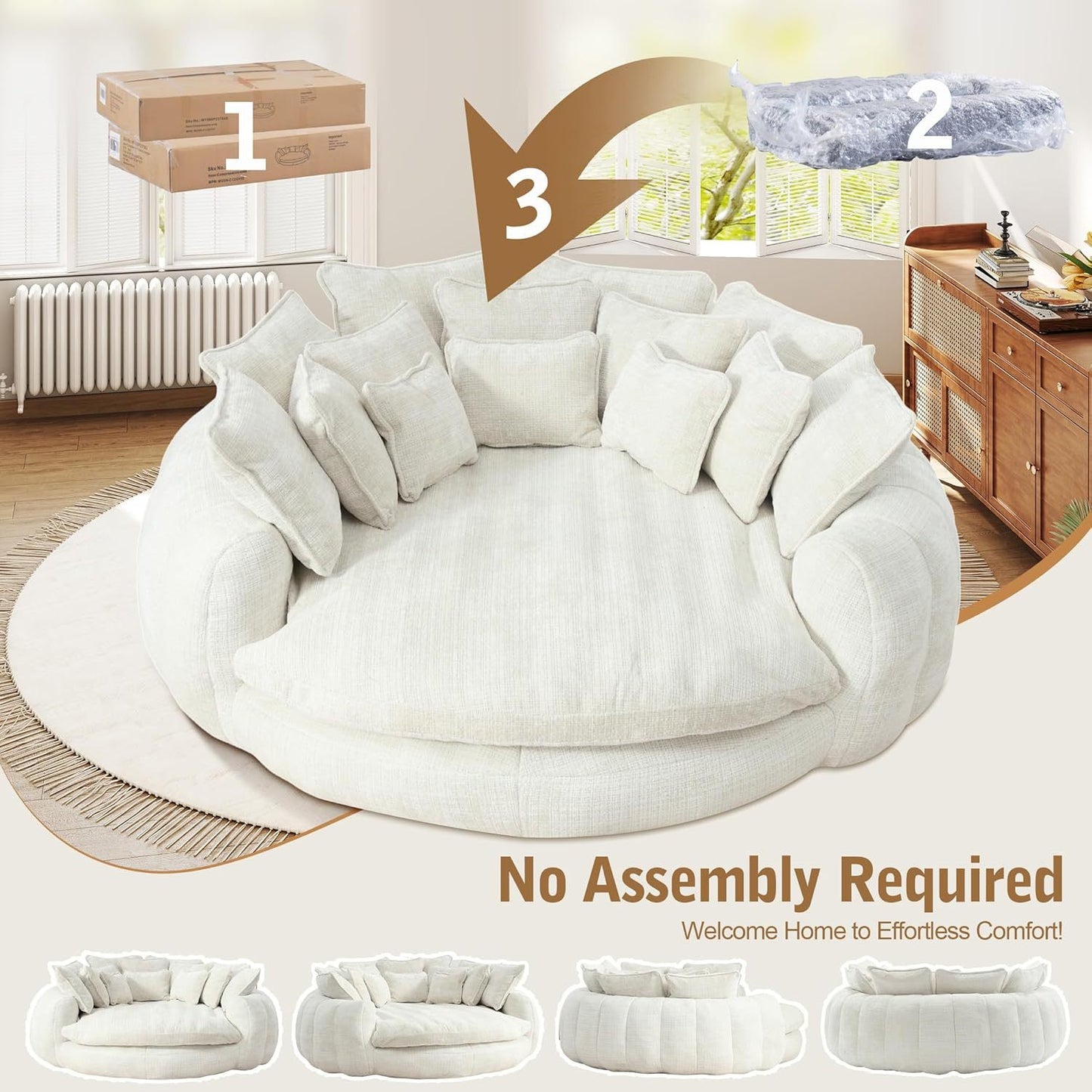 82'' Oversized Upholstered Sofa Bed, Round Chaise Lounge Chair Indoor, Modern Chenille Boneless Couch, No Assembly Required, Plush Sleeper Chair with 14 Pillows for Living Room
