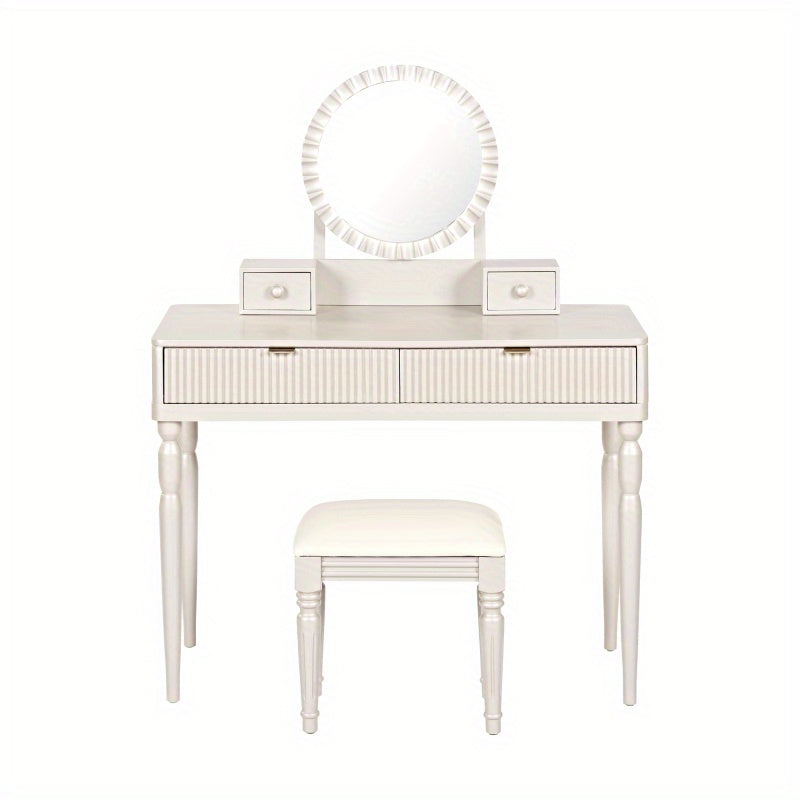 Luxury Vanity Desk with Round Mirror HeightAdjustable Stylish Dring Table Set 4 Drawers and Stool Champagne