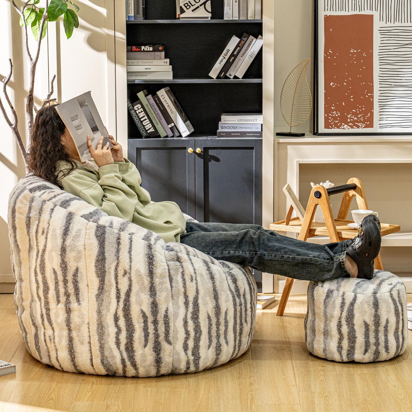 Bean Bag Chair, Faux Fur Bean Bag Chairs with Filler, Comfy Cozy Bean Bag Chair with Low Back Support and Petal Armrest, Fluffy Bean Bag Chair with Structure Petal for Small Space, Bedroom, Living Room