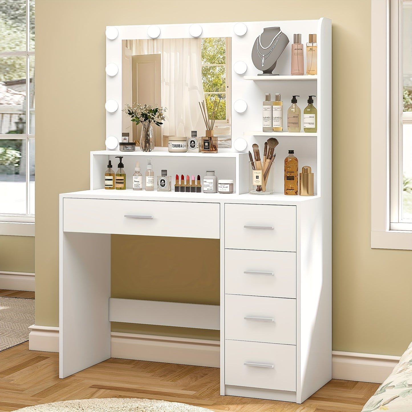 Athwel Makeup Vanity Desk With Mirror & Lights, Vanity Desk With 5 Drawers & Storage Shelves, Vanity Table, 3 Color Modes & Adjustable Brightness Dressing Table, Bedroom, White