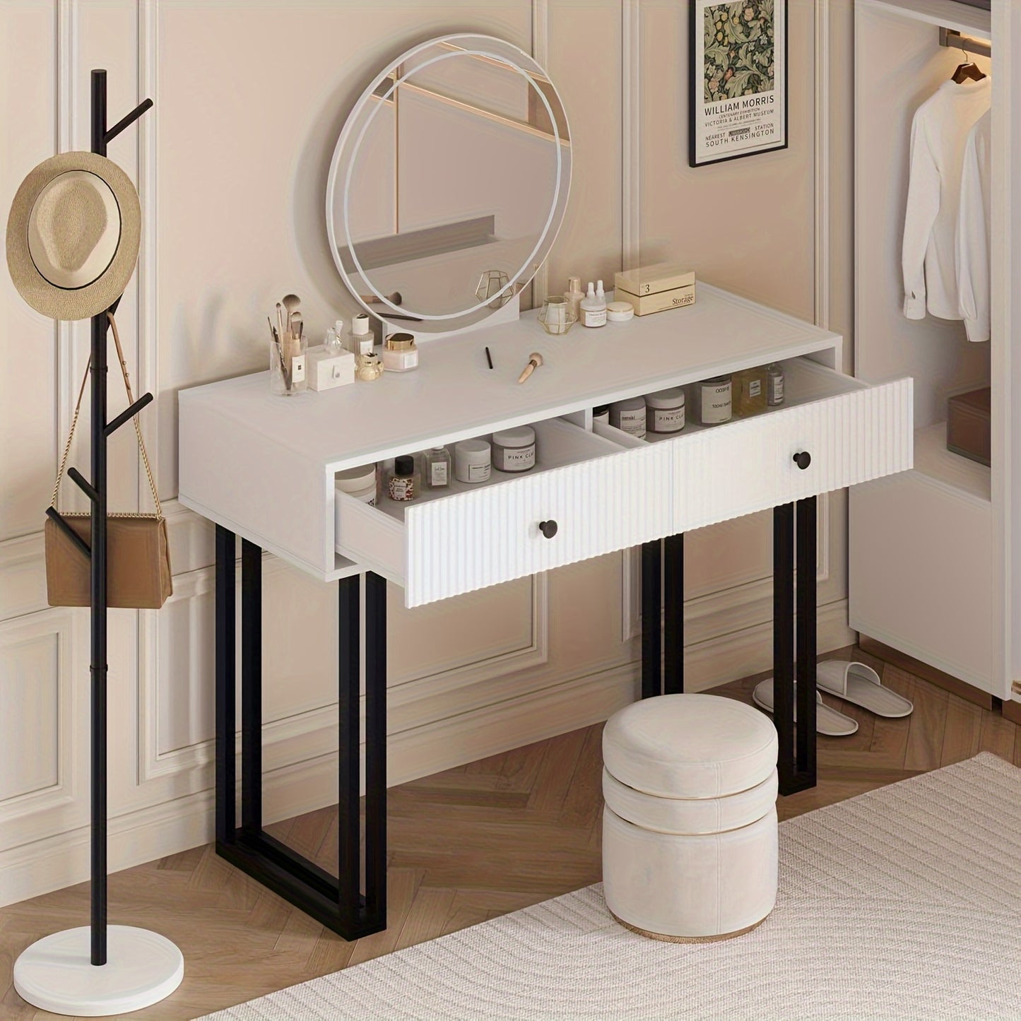 Vanity Desk With Mirror, Small Makeup Vanity With 2 Drawers, Modern Vanity Organizer, Dressing Table For Bedroom, Black\u002FWhite