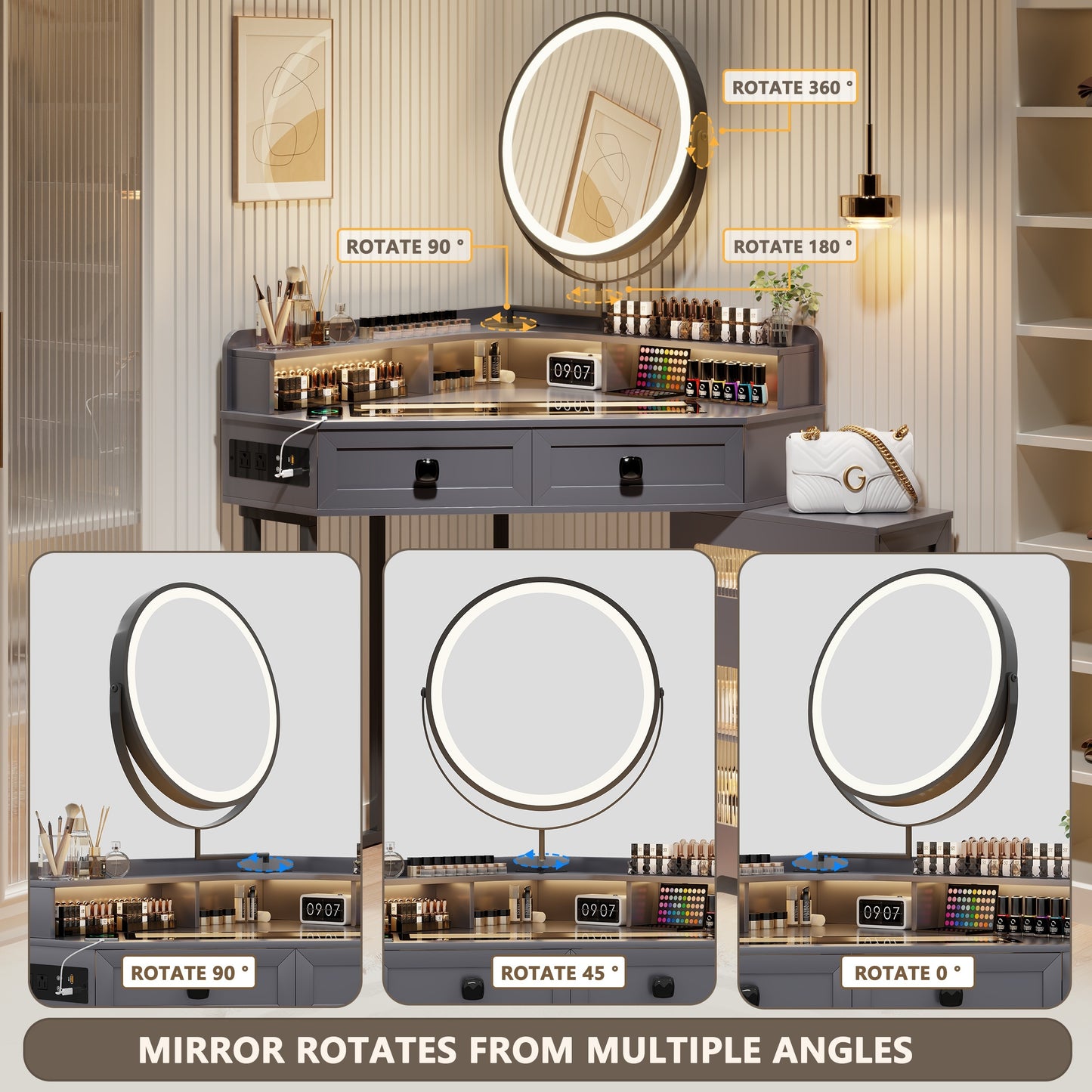 FREDEES Corner Vanity With Mirror And Lights, Modern Makeup Vanity Set With Charging Station For Bedroom\u002FCloakroom, Glass Top Vanity Table With Drawers And Shelves, Grey