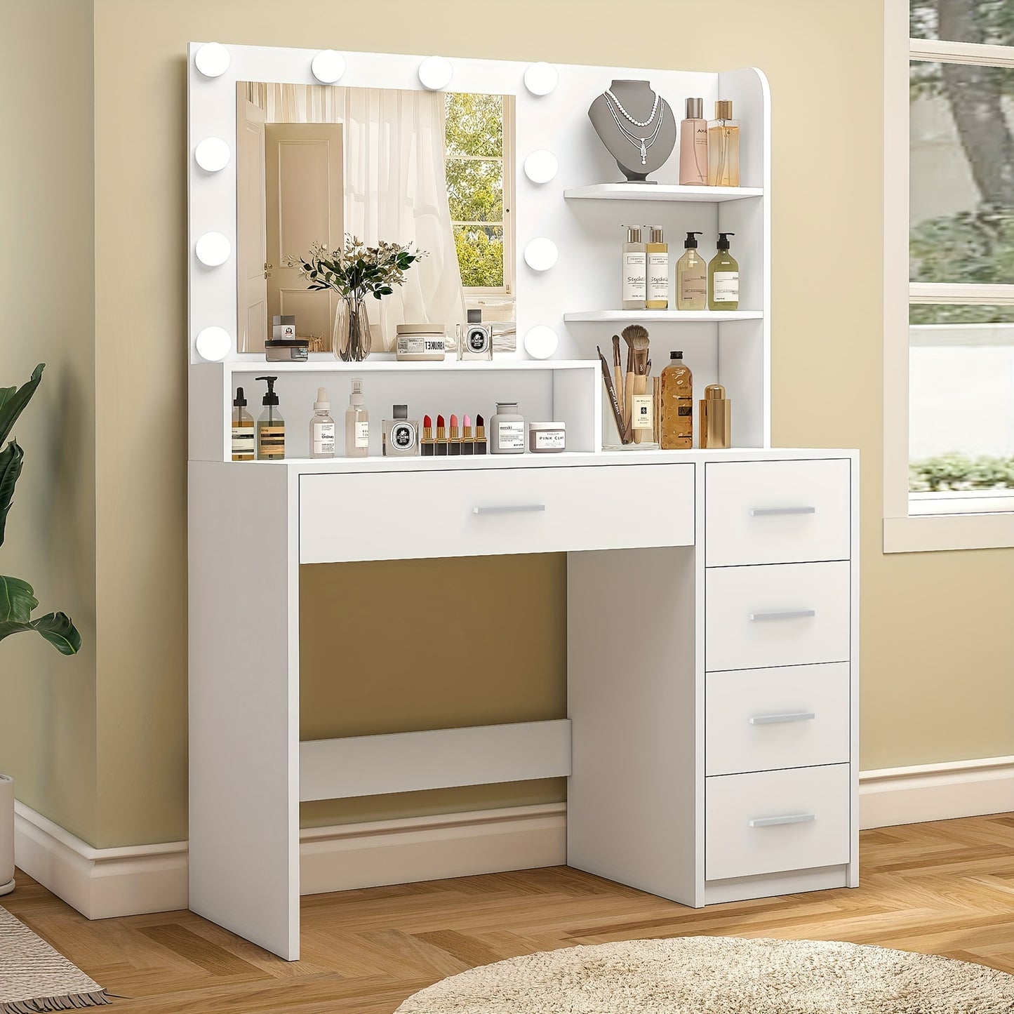 Athwel Makeup Vanity Desk With Mirror & Lights, Vanity Desk With 5 Drawers & Storage Shelves, Vanity Table, 3 Color Modes & Adjustable Brightness Dressing Table, Bedroom, White