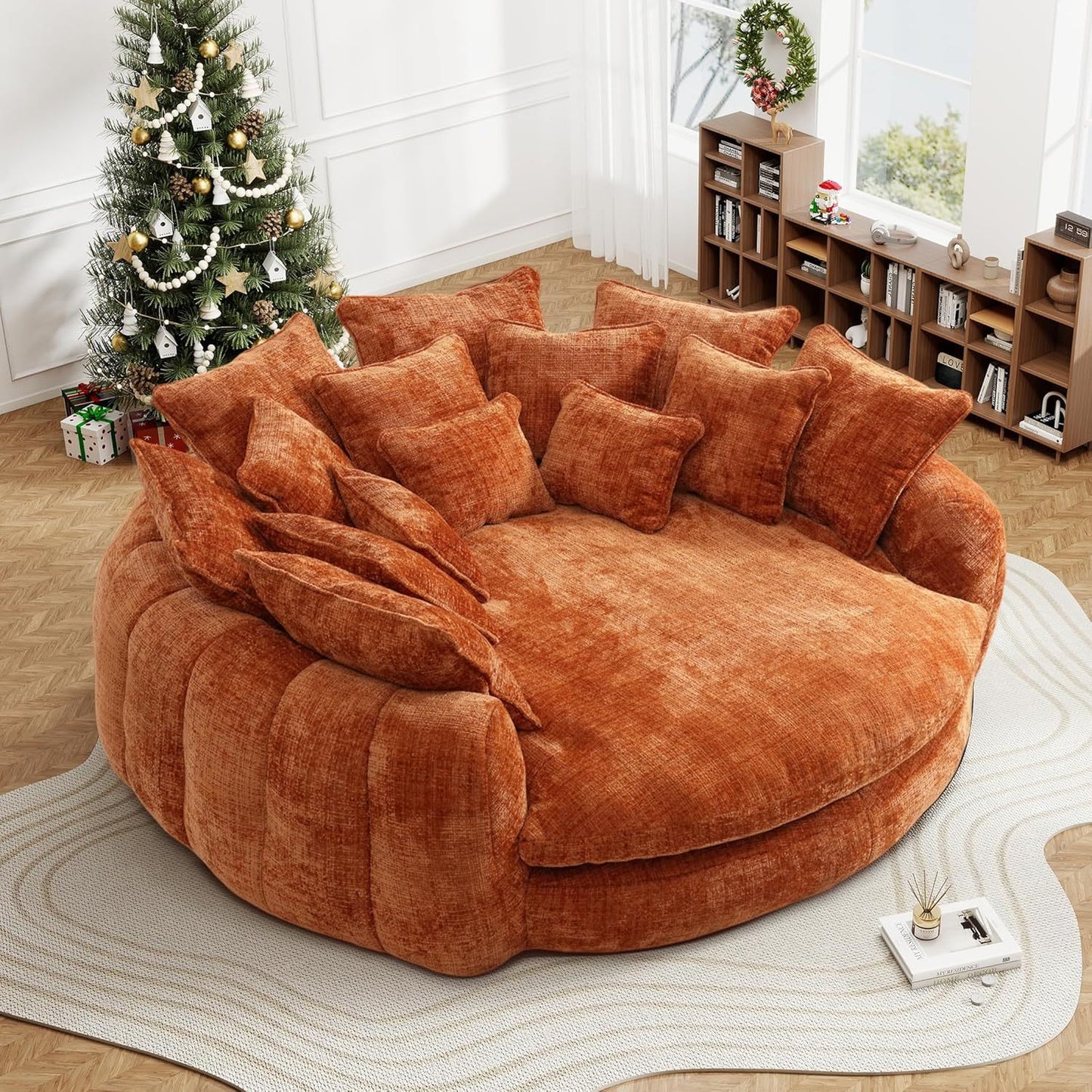 82'' Oversized Upholstered Sofa Bed, Round Chaise Lounge Chair Indoor, Modern Chenille Boneless Couch, No Assembly Required, Plush Sleeper Chair with 14 Pillows for Living Room