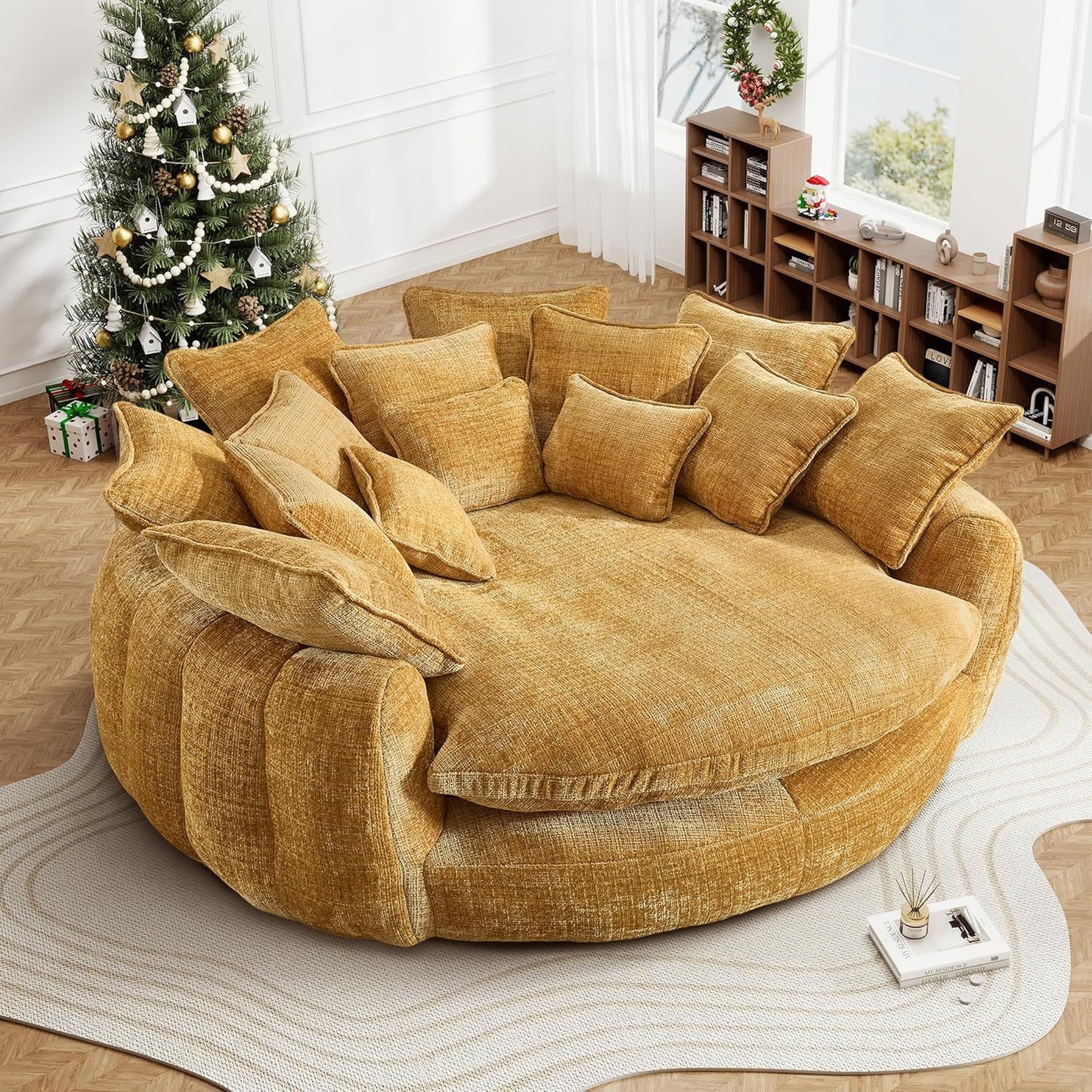 82'' Oversized Upholstered Sofa Bed, Round Chaise Lounge Chair Indoor, Modern Chenille Boneless Couch, No Assembly Required, Plush Sleeper Chair with 14 Pillows for Living Room