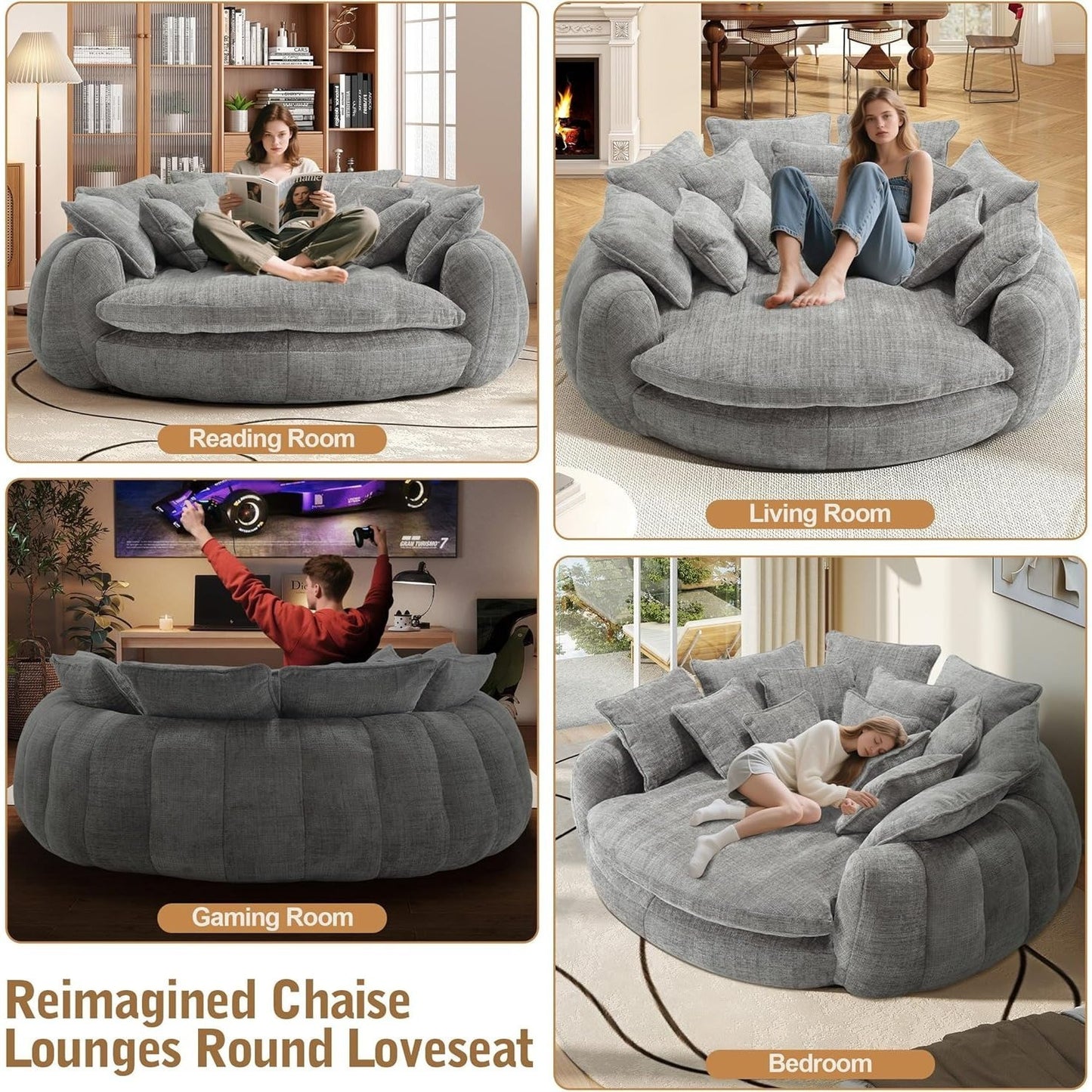 82'' Oversized Upholstered Sofa Bed, Round Chaise Lounge Chair Indoor, Modern Chenille Boneless Couch, No Assembly Required, Plush Sleeper Chair with 14 Pillows for Living Room