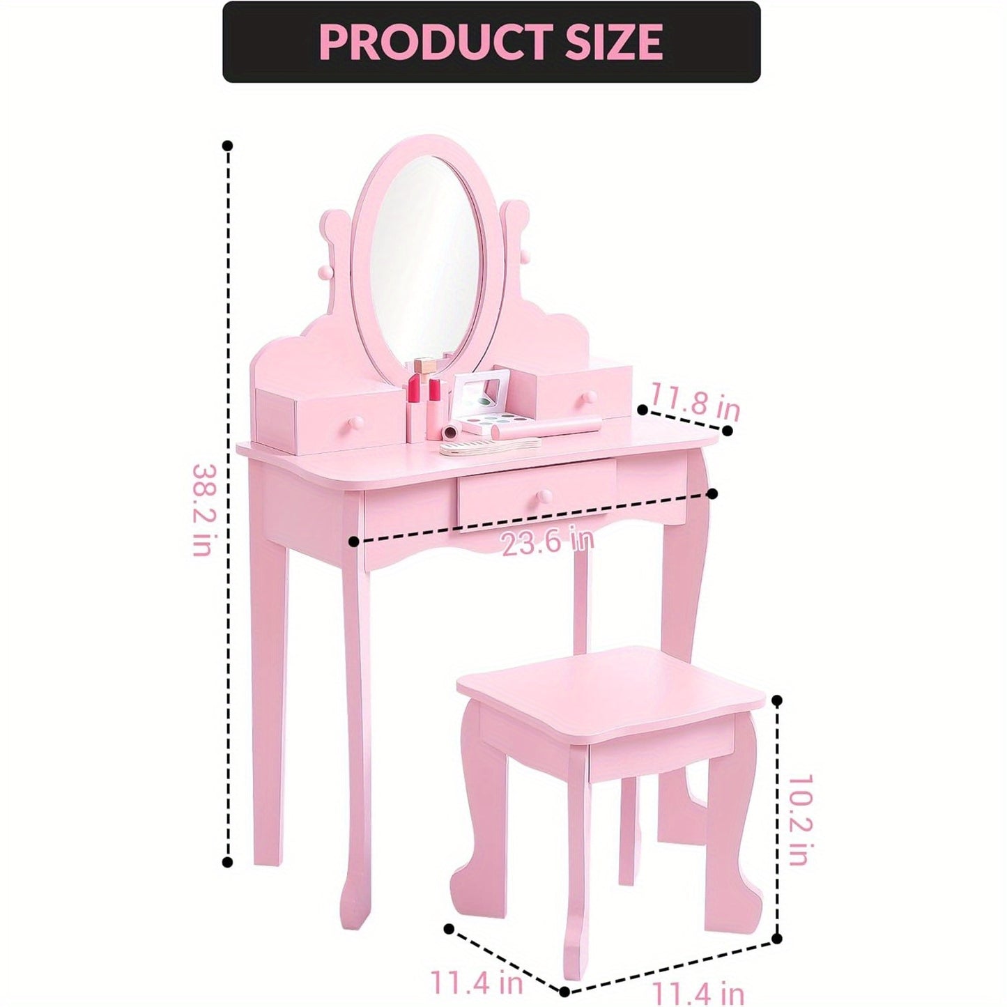 Girls Vanity Set Adjustable Angle Mirror Vanity Set | Pretend Play Girls Vanity Table and Chair Set with Mirror, Stool, and Wood Makeup Playset