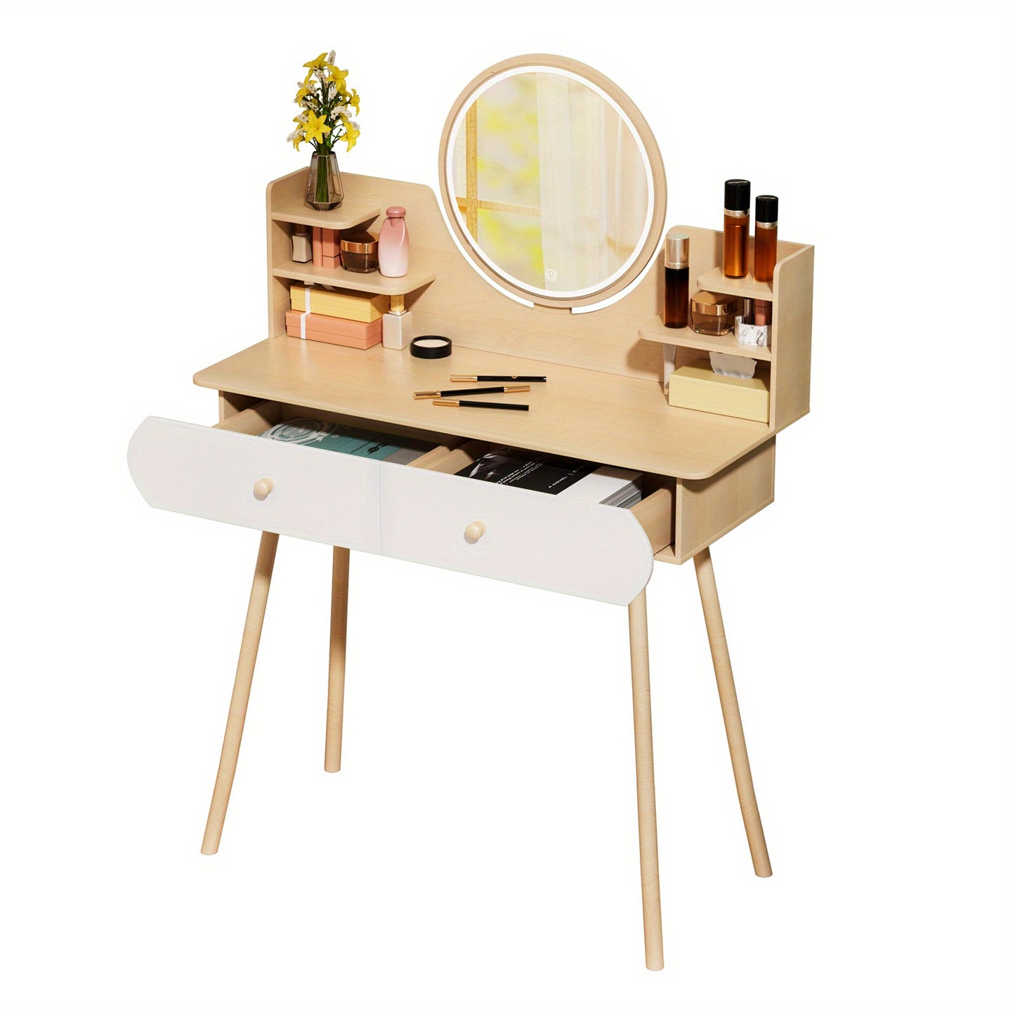 Nordic Storage Table 2 Drawers Nordic Style Storage Table with Mirror, 1 x Open Storage Shelves, Spacious Desktop
