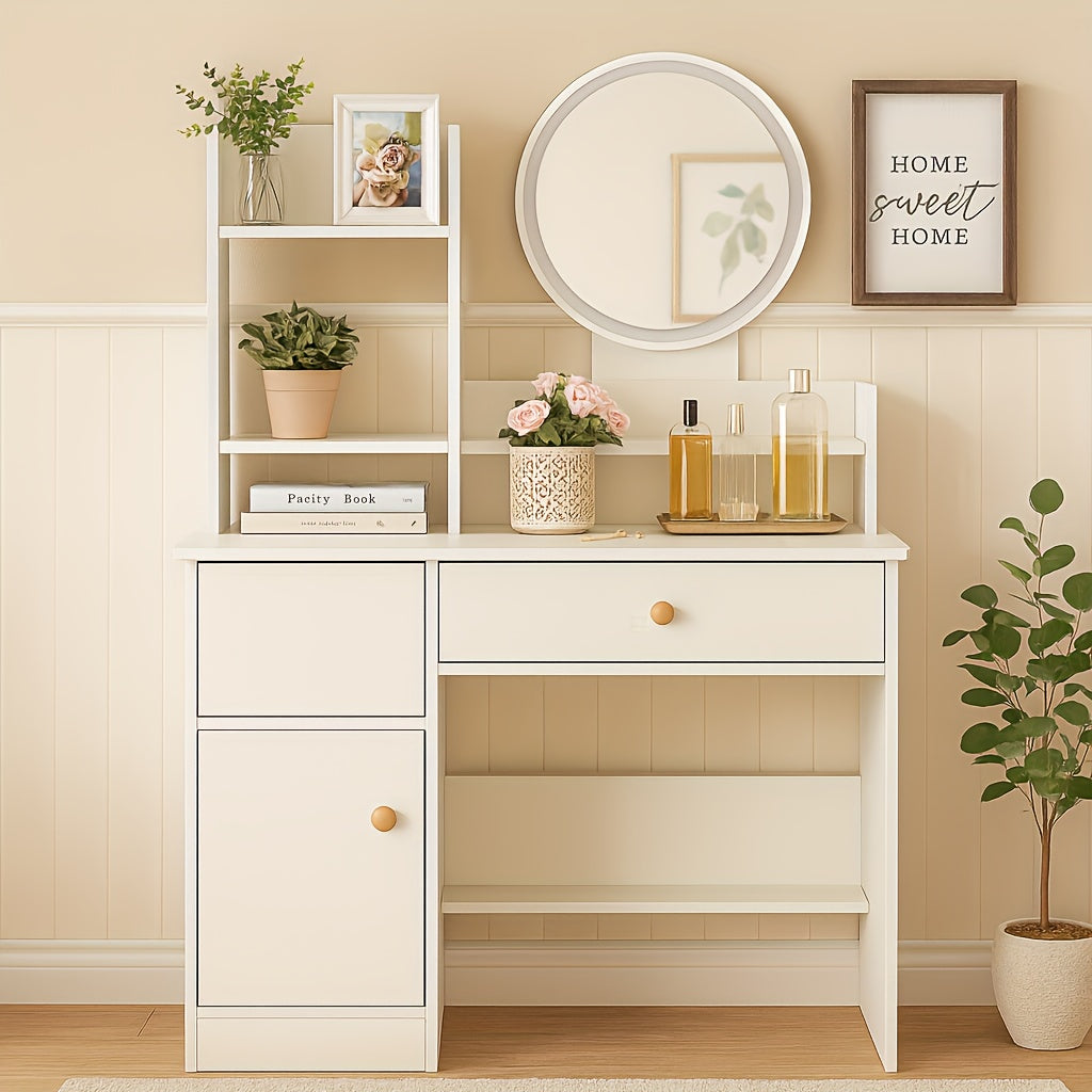 Summer Green Plant Room Multi-Functional Dressing Table, with Drawers, with Mirror, with Stool, Multiple Storage Spaces, Room Decoration Props, Shooting Props, Can Used As a Dressing Table, Desk Or Sideboard, Suitable for Small Bedrooms, Guest Rooms