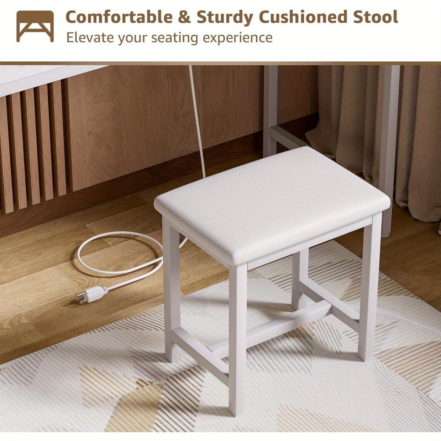 40-inch White Dresser with Chair and Three Fabric Drawers with Outlets with Mirror and Lighting, Touch Screen Lighting, Three Color Lighting Modes, Adjustable Brightness, for Bedroom Dresser, Bathroom Dresser, Upscale Bedroom Dresser
