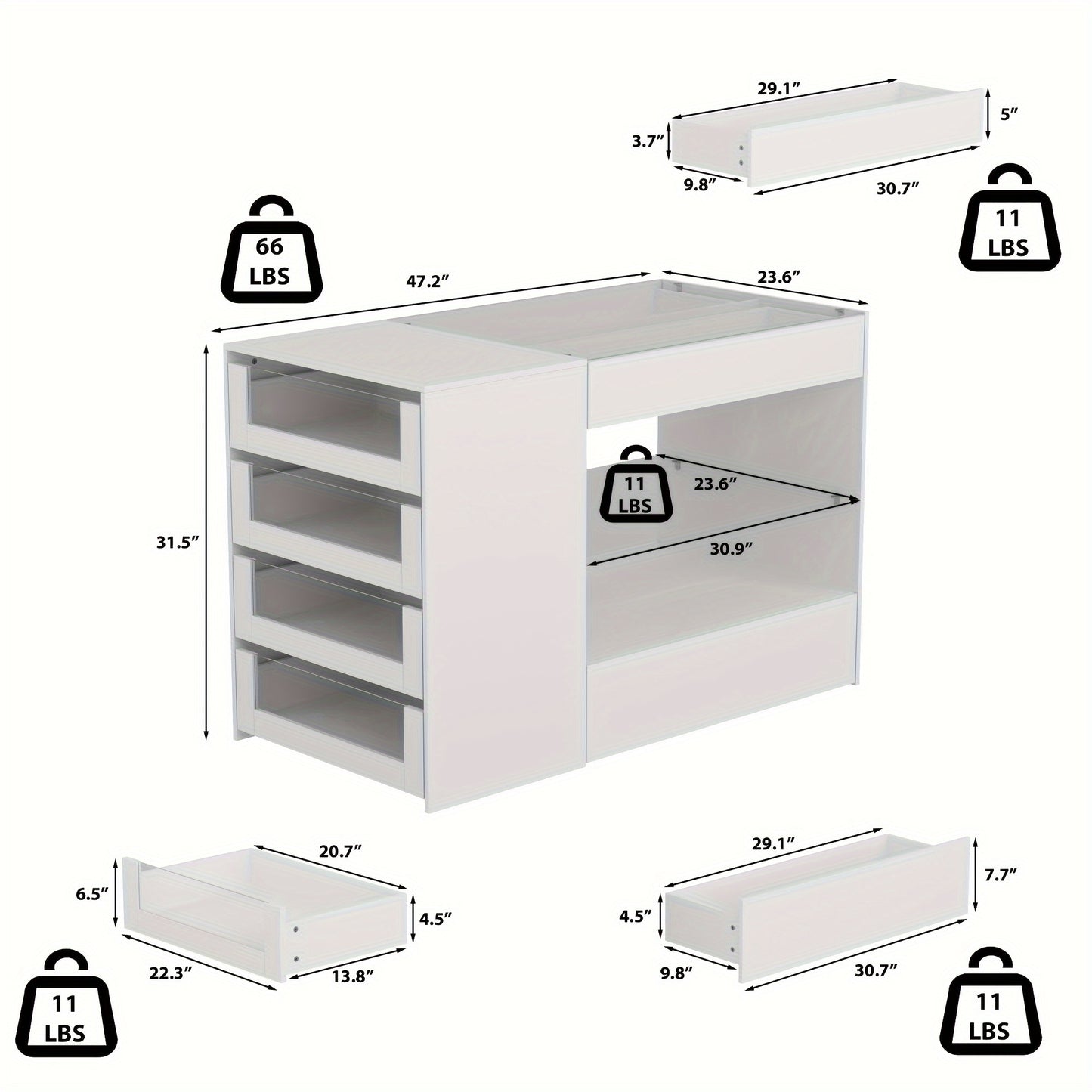 Spacious White Dressing Island with Glass-Top Closet Organizer - Modern Design, Ample Storage, Perfect for Bedroom or Closet Decor, 47.2\