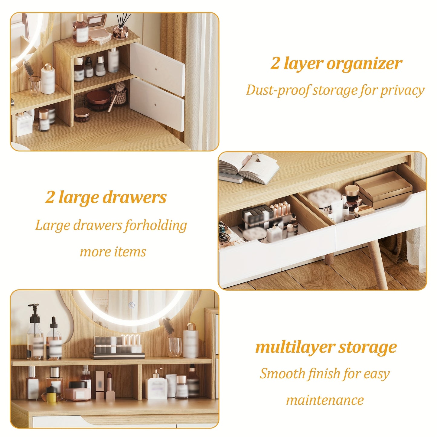 Makeup Vanity Desk With 3 Adjustable Lighted Mirror, Dressing Table Set With 4 Drawers And 3 Open Shelves For Small Space Bedroom