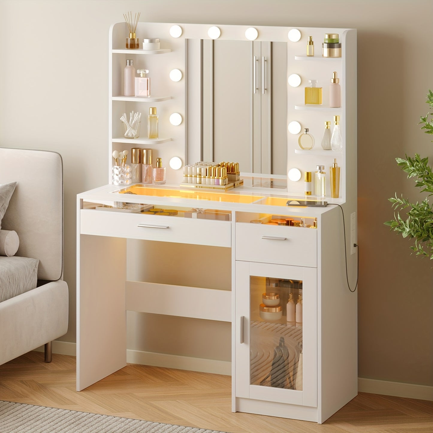 SUPERLELE Vanity Desk with Lights, Makeup Vanity with Mirror, Power Strip And 10 Lights, Makeup Table with 2 Drawers, Vanity Mirror 3 Lighting Color Adjustable, Heavy Duty Dresser, White, for Halloween And Christmas
