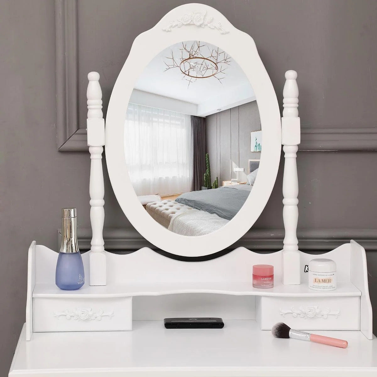 Modern Computer desk with Mirror, Vanity Table Elegance White Dressing Table and Stool Set Wood Makeup Desk with 4 Drawers & Mirror