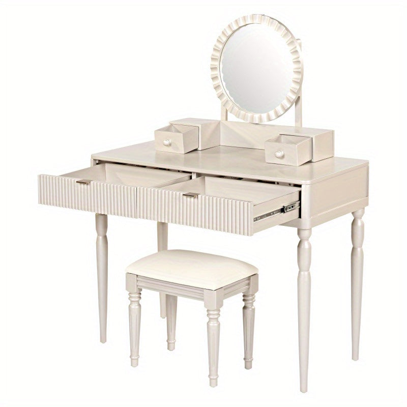 Luxury Vanity Desk with Round Mirror HeightAdjustable Stylish Dring Table Set 4 Drawers and Stool Champagne