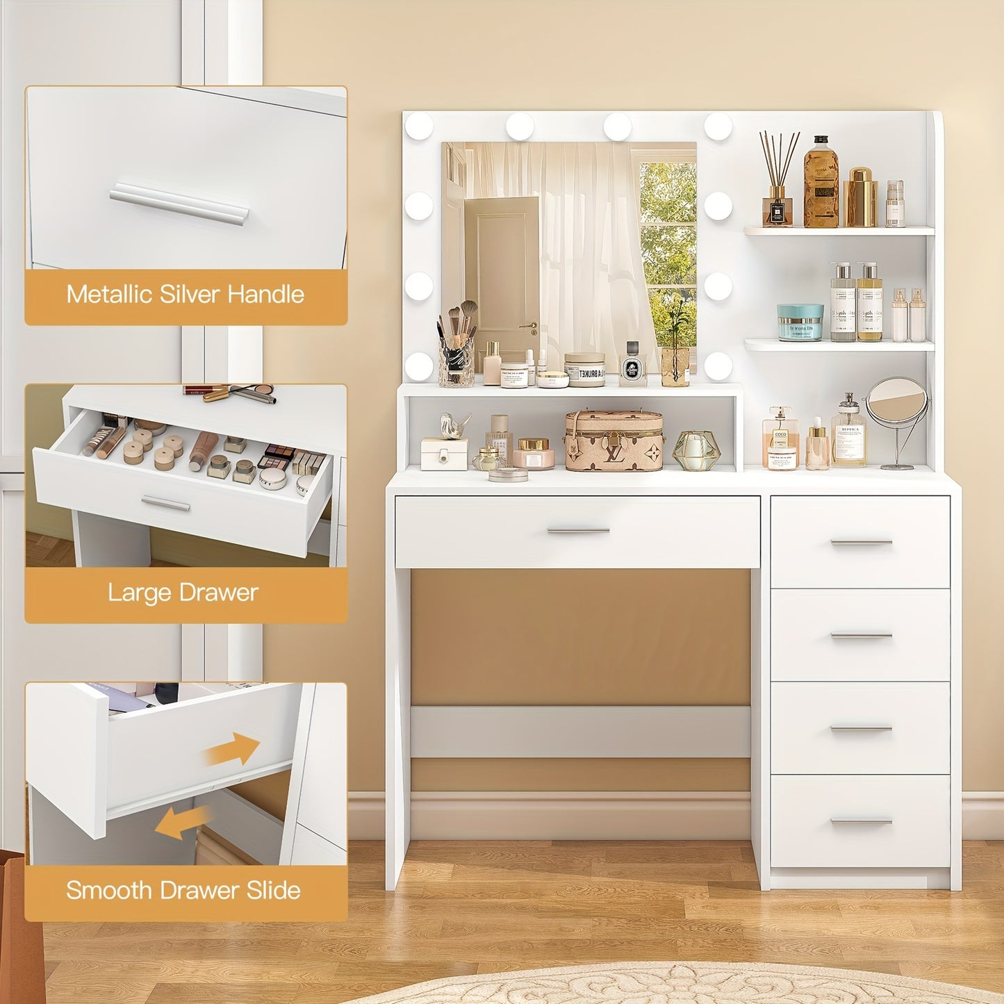 Athwel Makeup Vanity Desk With Mirror & Lights, Vanity Desk With 5 Drawers & Storage Shelves, Vanity Table, 3 Color Modes & Adjustable Brightness Dressing Table, Bedroom, White