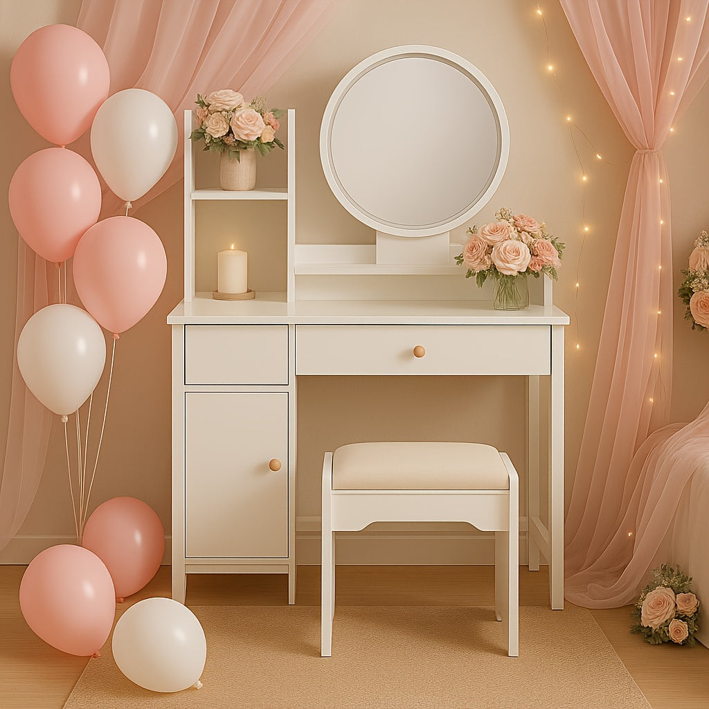 Summer Green Plant Room Multi-Functional Dressing Table, with Drawers, with Mirror, with Stool, Multiple Storage Spaces, Room Decoration Props, Shooting Props, Can Used As a Dressing Table, Desk Or Sideboard, Suitable for Small Bedrooms, Guest Rooms