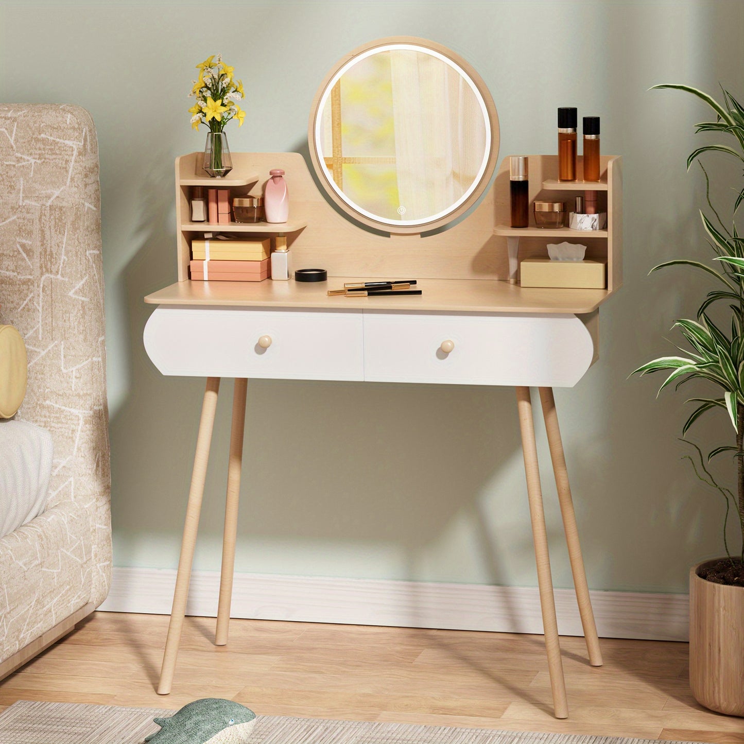 Nordic Storage Table 2 Drawers Nordic Style Storage Table with Mirror, 1 x Open Storage Shelves, Spacious Desktop