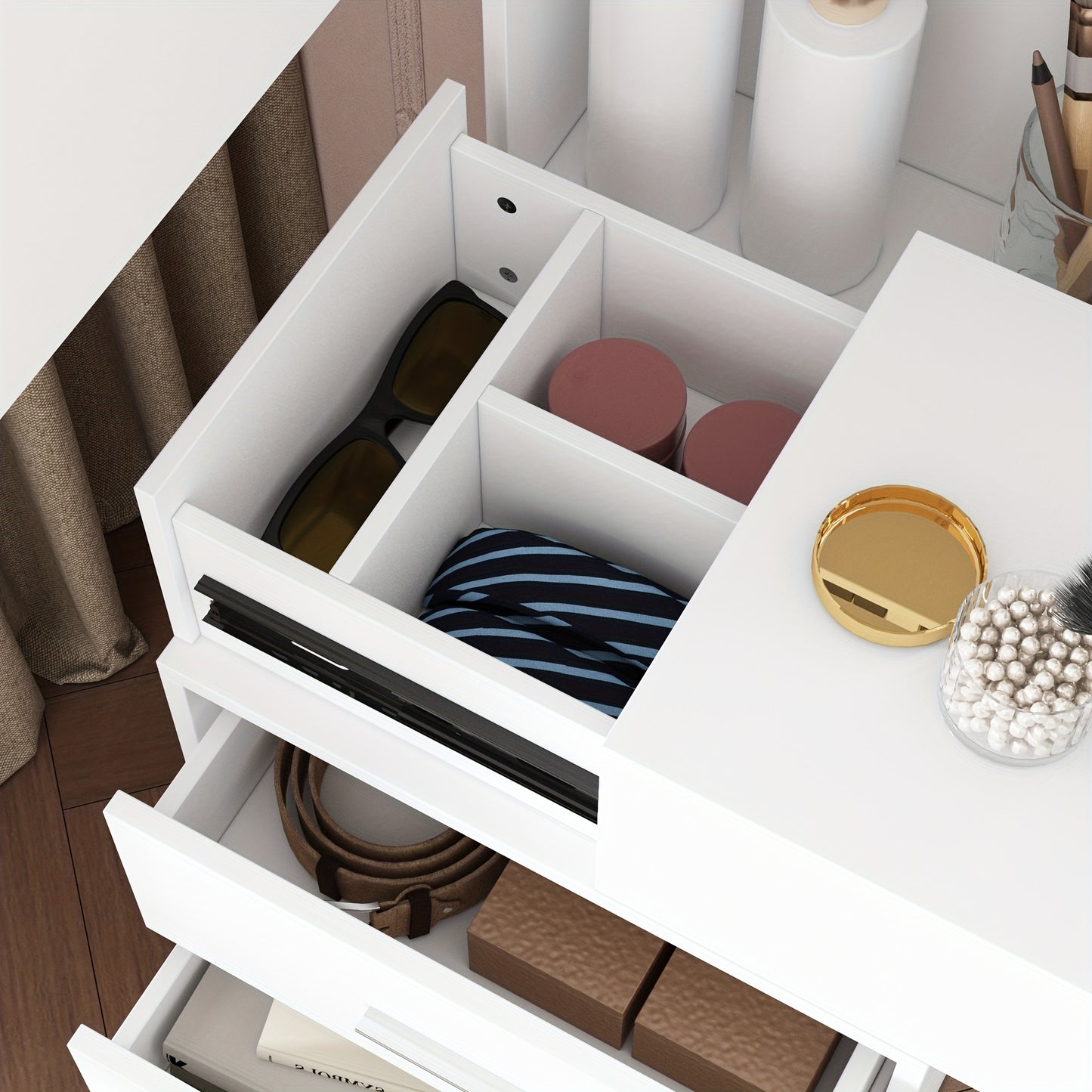 Modern Dressing Table With Drawers And Storage Shelves, Bedroom Makeup Vanity Set With Illuminated Full Body Mirror And Sliding Storage Compartment, Large Storage Space, Fashionable Design, White