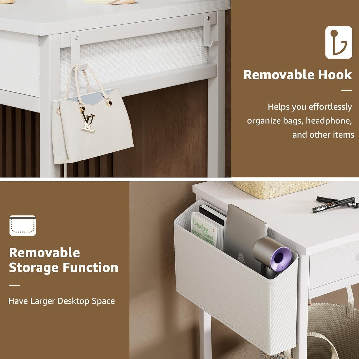 40-inch White Dresser with Chair and Three Fabric Drawers with Outlets with Mirror and Lighting, Touch Screen Lighting, Three Color Lighting Modes, Adjustable Brightness, for Bedroom Dresser, Bathroom Dresser, Upscale Bedroom Dresser