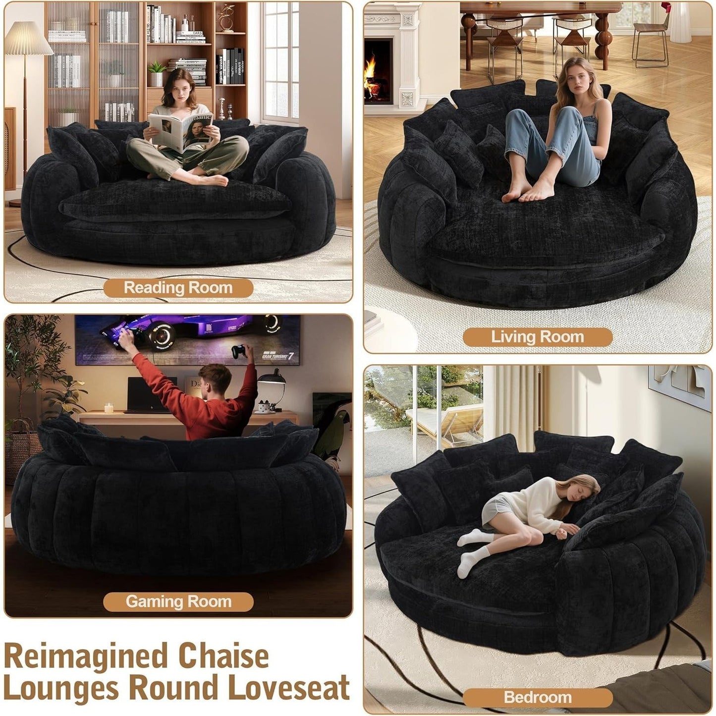 82'' Oversized Upholstered Sofa Bed, Round Chaise Lounge Chair Indoor, Modern Chenille Boneless Couch, No Assembly Required, Plush Sleeper Chair with 14 Pillows for Living Room