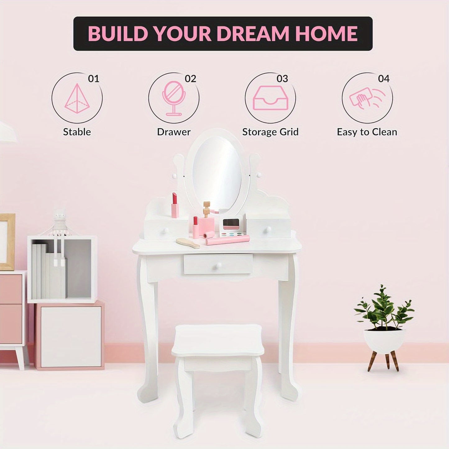 Girls Vanity Set Adjustable Angle Mirror Vanity Set | Pretend Play Girls Vanity Table and Chair Set with Mirror, Stool, and Wood Makeup Playset