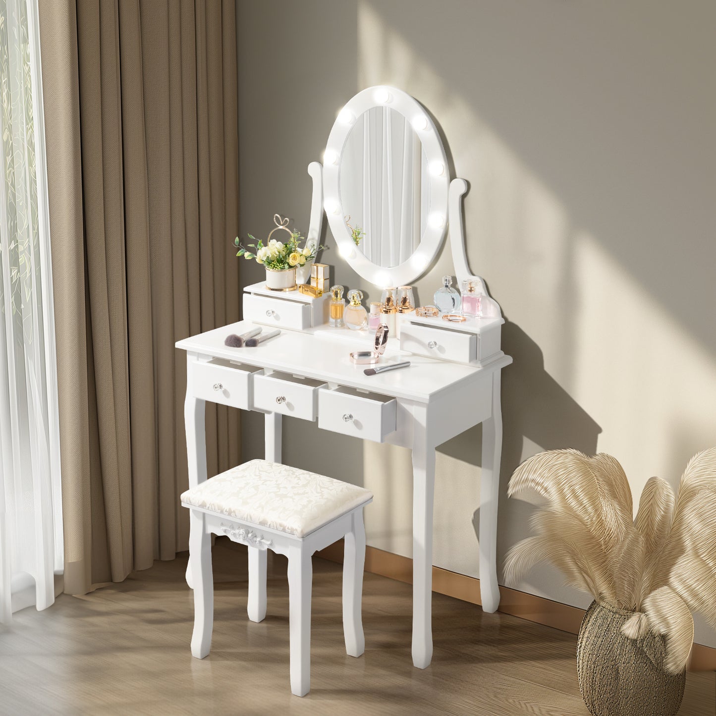Chic White Vanity Set with 5 Drawers, Cushioned Stool & Storage - European Style Hardwood Dressing Table for Bedroom, Includes Mirror - Perfect Christmas Gift