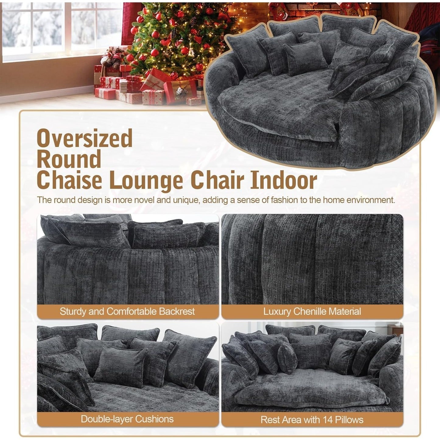 82'' Oversized Upholstered Sofa Bed, Round Chaise Lounge Chair Indoor, Modern Chenille Boneless Couch, No Assembly Required, Plush Sleeper Chair with 14 Pillows for Living Room