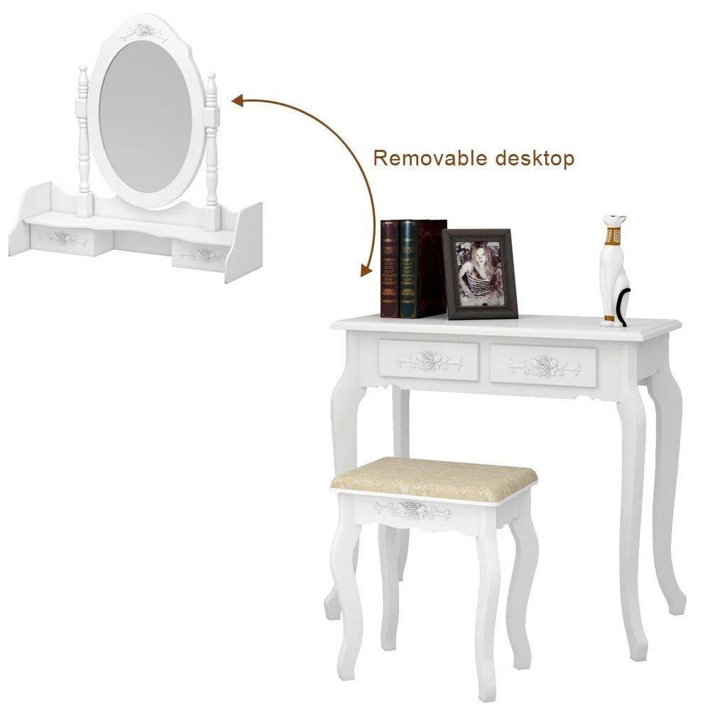 Modern Computer desk with Mirror, Vanity Table Elegance White Dressing Table and Stool Set Wood Makeup Desk with 4 Drawers & Mirror
